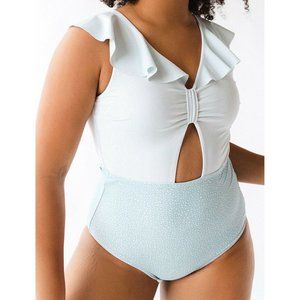 Albion Dottie Blue Striped Sleeveless Ruffle Neck One Piece Swimsuit Size Large